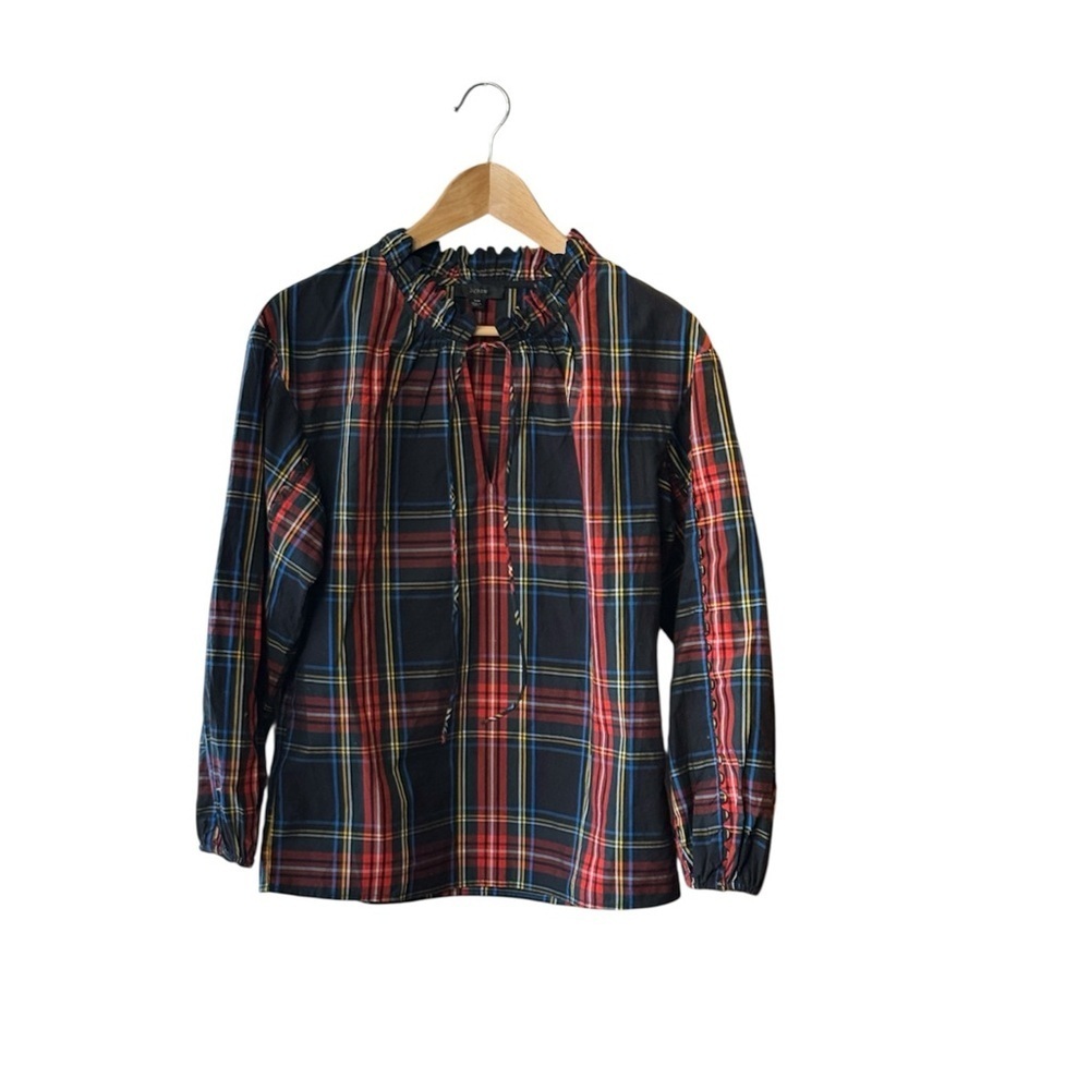 J.Crew Scalloped Tie-Neck Top in Stewart Tartan Holiday Plaid size XS Cotton